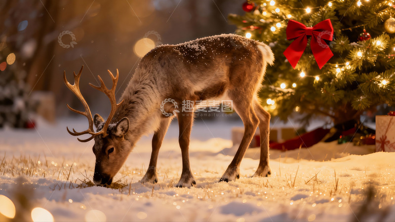 高清大图下载【趣麦麦图】雪地驯鹿圣诞树旁觅食
