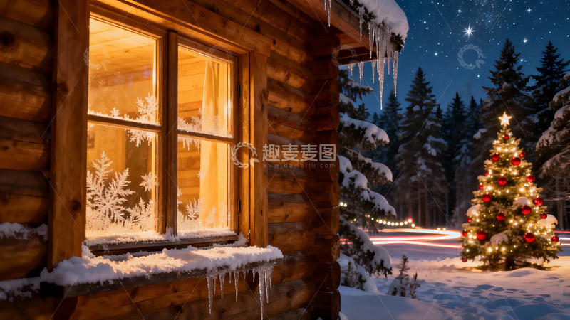 高清大图下载【趣麦麦图】雪夜木屋与圣诞树
