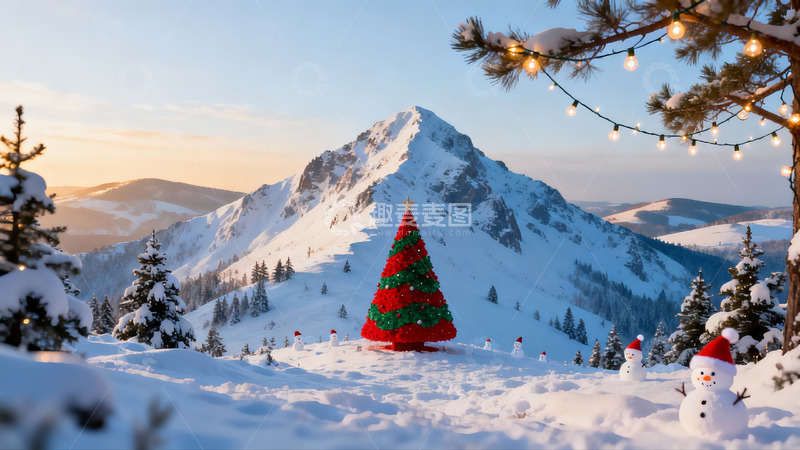高清大图下载【趣麦麦图】雪地圣诞树与雪山美景