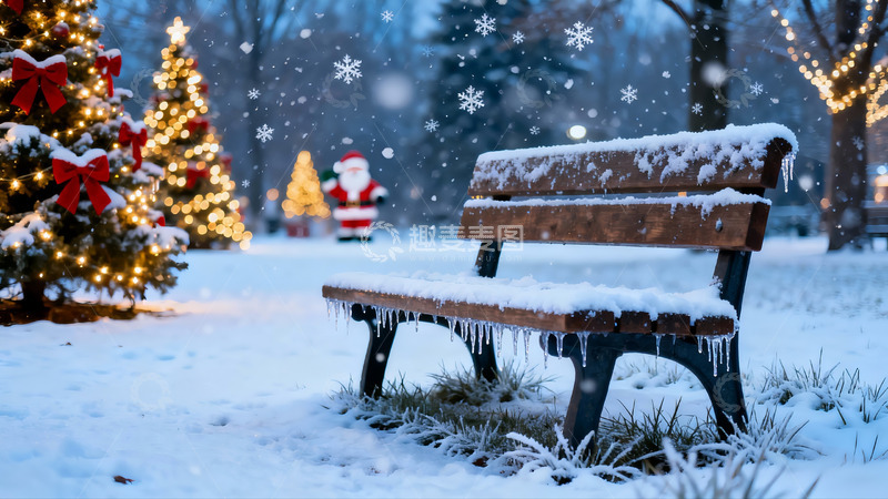 高清大图下载【趣麦麦图】雪夜圣诞长椅静景