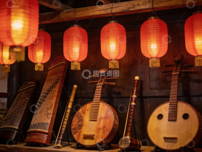 高清大图下载【趣麦麦图】-古色古香乐器与红灯笼