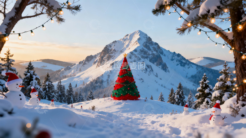 高清大图下载【趣麦麦图】雪山雪人圣诞树冬日美景