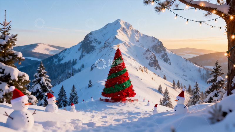 高清大图下载【趣麦麦图】雪山圣诞树雪人冬日美景