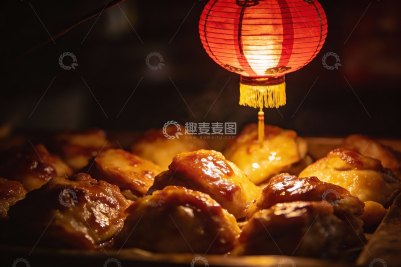 高清大图下载【趣麦麦图】红灯笼下烤鸡诱人香气