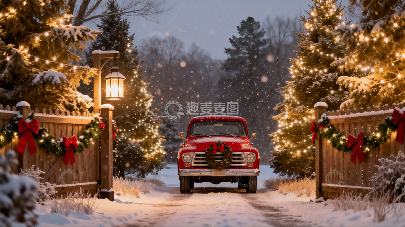 高清大图下载【趣麦麦图】雪夜圣诞红卡车