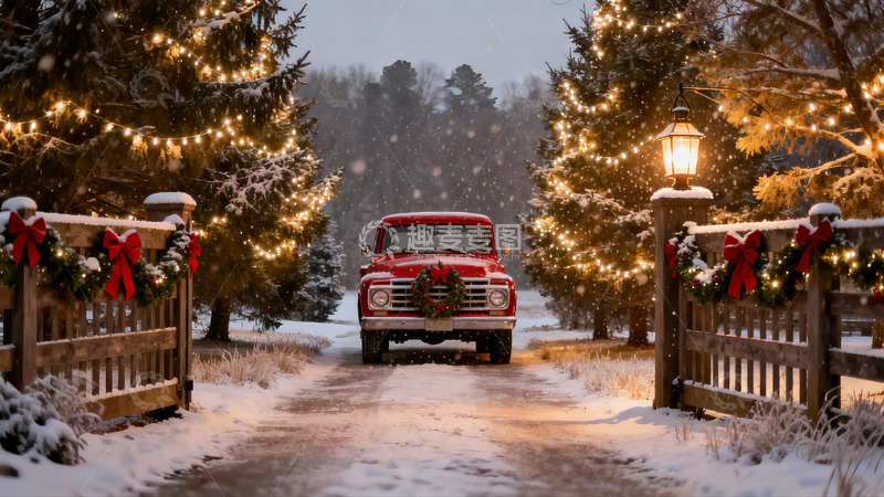 高清大图下载【趣麦麦图】雪夜圣诞红卡车