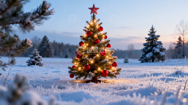 高清大图下载【趣麦麦图】雪地圣诞树夜景