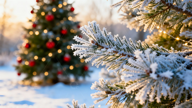 高清大图下载【趣麦麦图】雪覆松枝映圣诞树