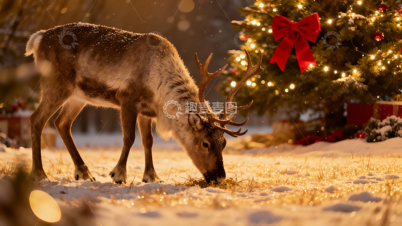 高清大图下载【趣麦麦图】雪地驯鹿旁的圣诞树