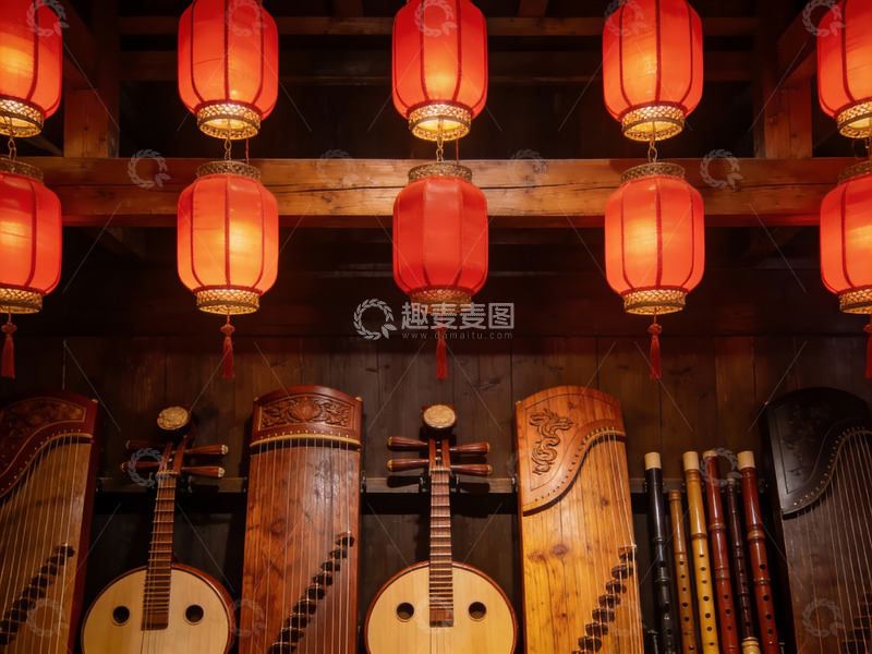 高清大图下载【趣麦麦图】-古色古香灯笼与乐器展示