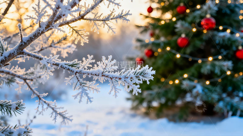 高清大图下载【趣麦麦图】雪覆松枝圣诞树冬日美景