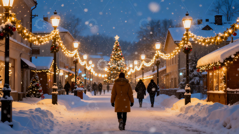 高清大图下载【趣麦麦图】雪夜圣诞街景行人漫步