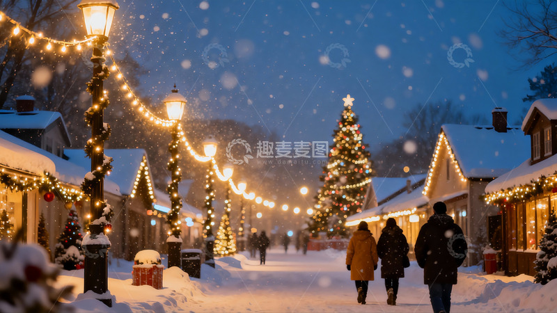 高清大图下载【趣麦麦图】雪夜圣诞街景行人漫步
