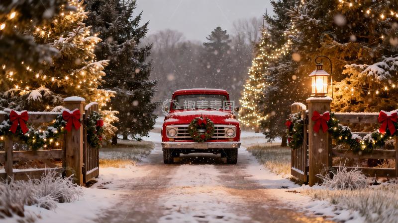 高清大图下载【趣麦麦图】雪夜圣诞红卡车