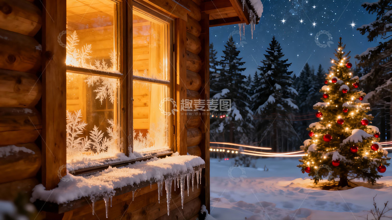 高清大图下载【趣麦麦图】雪夜木屋与圣诞树