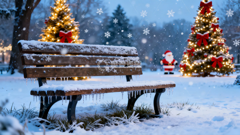 高清大图下载【趣麦麦图】雪夜公园圣诞树长椅