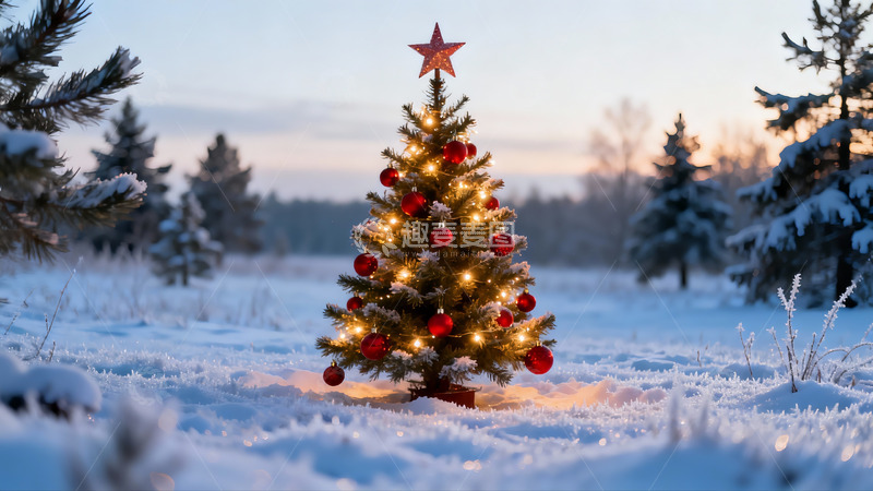 高清大图下载【趣麦麦图】雪地圣诞树夜景