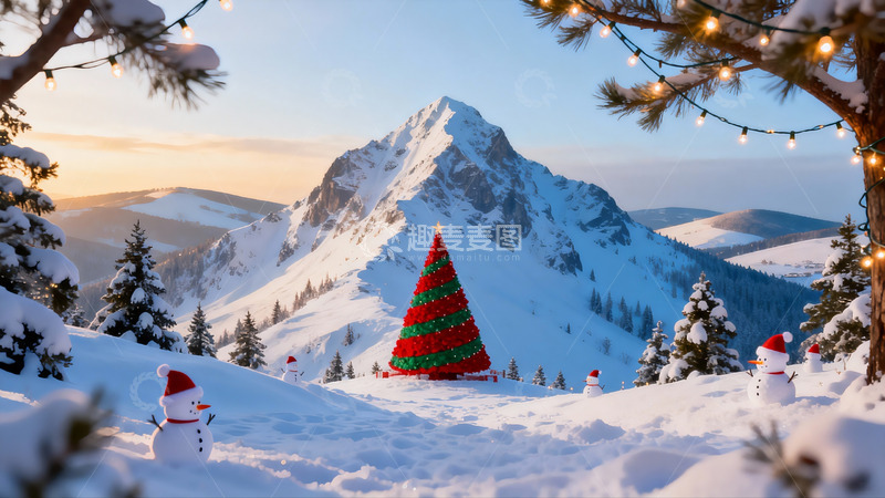 高清大图下载【趣麦麦图】雪景圣诞树与雪人