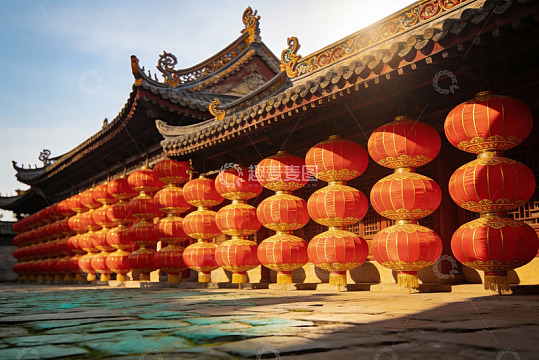 古建筑前红灯笼排列景象