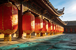 古建筑红灯笼排列景象