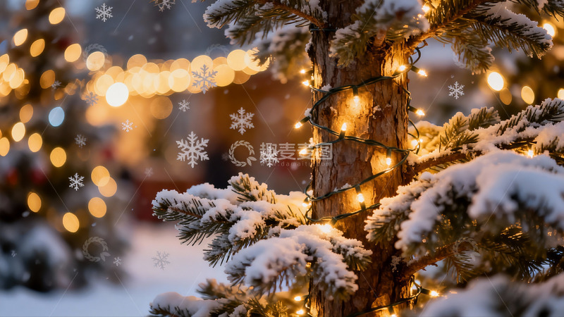高清大图下载【趣麦麦图】雪夜圣诞树灯光闪烁