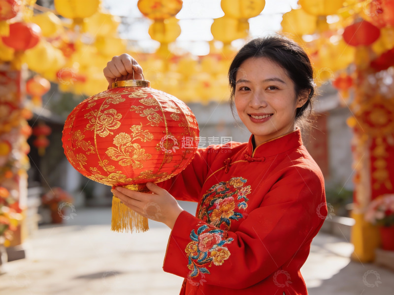 高清大图下载【趣麦麦图】女子手持红灯笼节日氛围浓厚