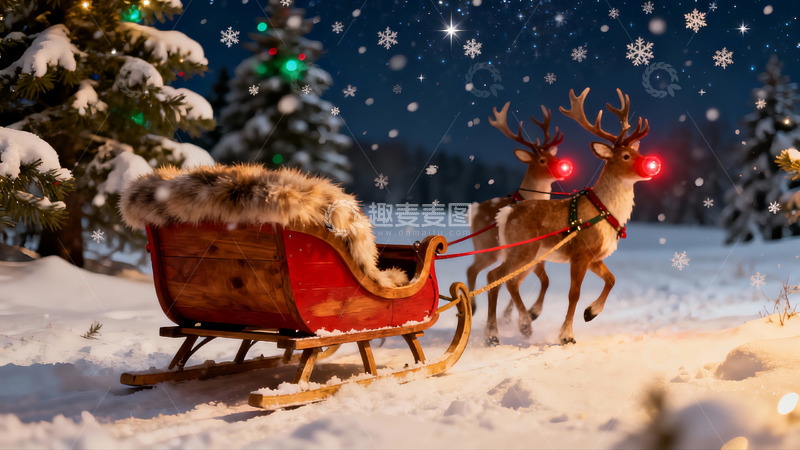 高清大图下载【趣麦麦图】雪夜圣诞鹿拉雪橇
