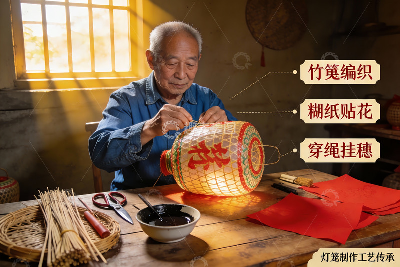 高清大图下载【趣麦麦图】老人制作传统灯笼工艺传承