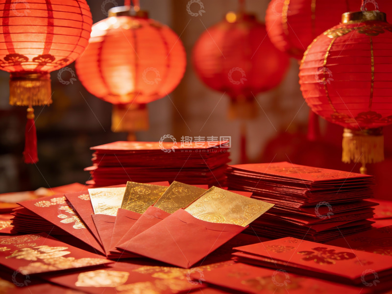 高清大图下载【趣麦麦图】春节红包与红灯笼装饰