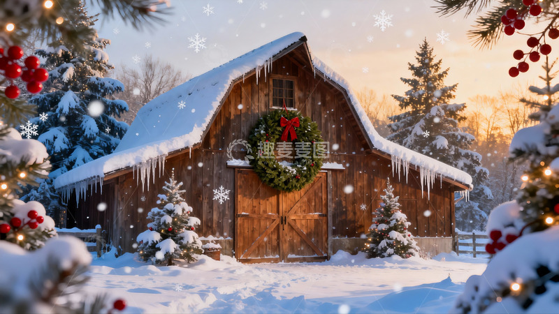 高清大图下载【趣麦麦图】雪景木屋圣诞装饰