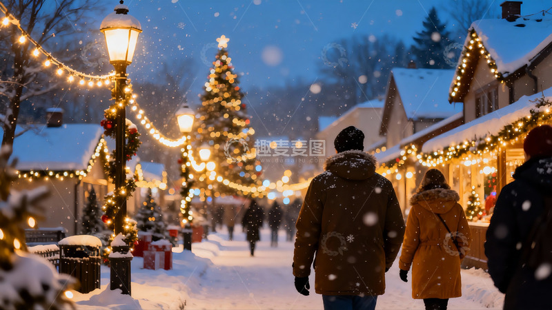 高清大图下载【趣麦麦图】雪夜圣诞街景行人漫步