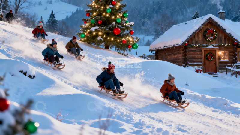 高清大图下载【趣麦麦图】雪地圣诞树下滑雪橇欢乐场景