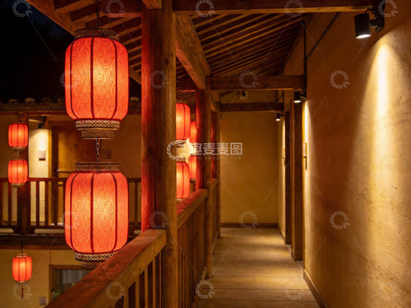 高清大图下载【趣麦麦图】古色古香走廊夜景灯笼高挂