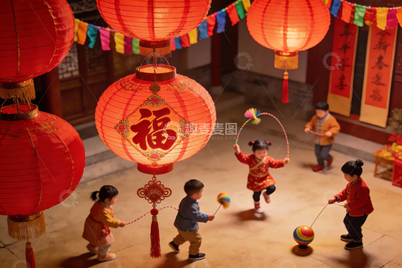 高清大图下载【趣麦麦图】儿童庭院挂红灯笼玩耍