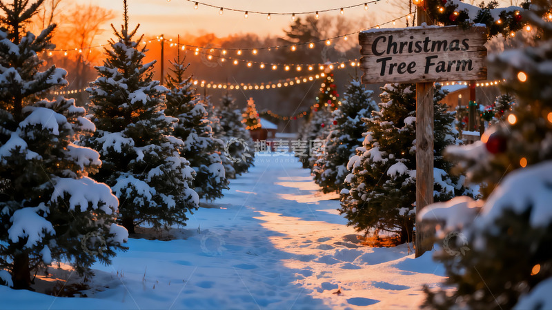 高清大图下载【趣麦麦图】雪地圣诞树农场黄昏景象