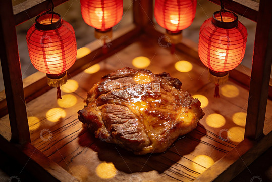 红灯笼下烤肉诱人摆盘
