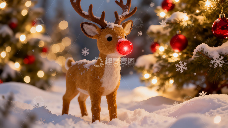 高清大图下载【趣麦麦图】雪地驯鹿灯饰圣诞树