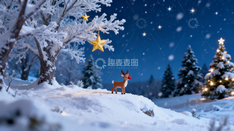 高清大图下载【趣麦麦图】雪夜圣诞鹿与金星树