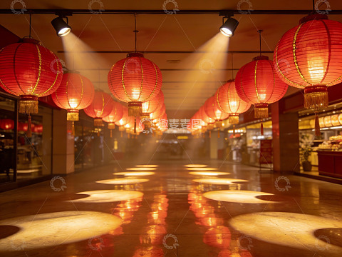 红灯笼装饰的商业街夜景
