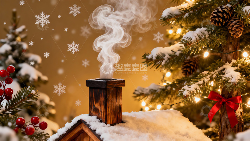 高清大图下载【趣麦麦图】雪夜圣诞树旁的烟囱