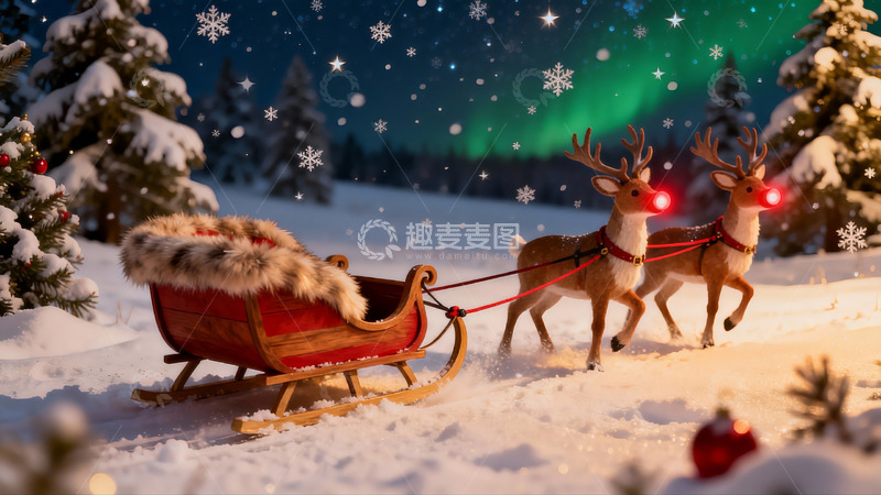 高清大图下载【趣麦麦图】雪夜驯鹿拉雪橇北极光