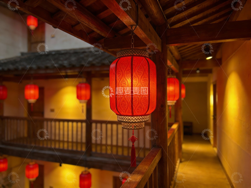 高清大图下载【趣麦麦图】古色古香走廊挂红灯笼