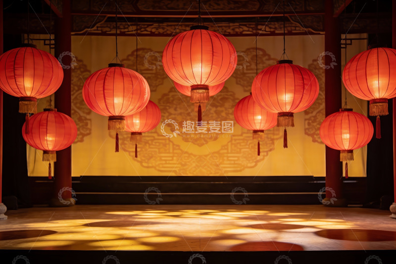 高清大图下载【趣麦麦图】古建筑内悬挂的红色灯笼