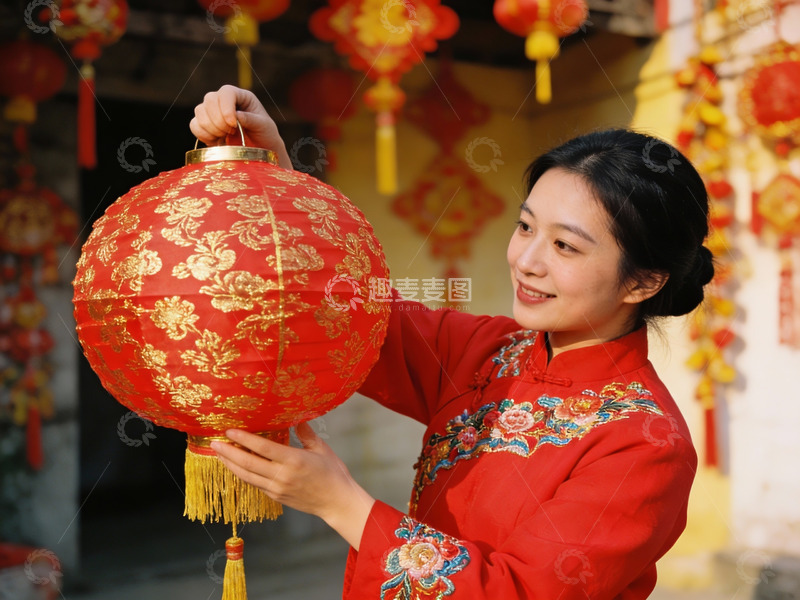 高清大图下载【趣麦麦图】女子手持红灯笼喜庆场景
