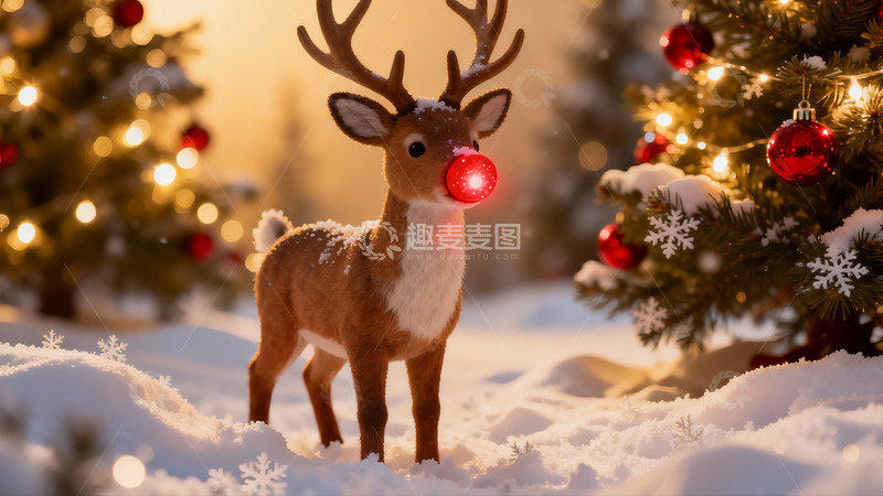 高清大图下载【趣麦麦图】雪地驯鹿圣诞树光影