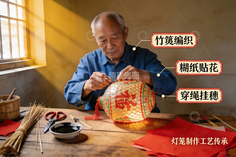 高清大图下载【趣麦麦图】老人制作传统灯笼工艺展示