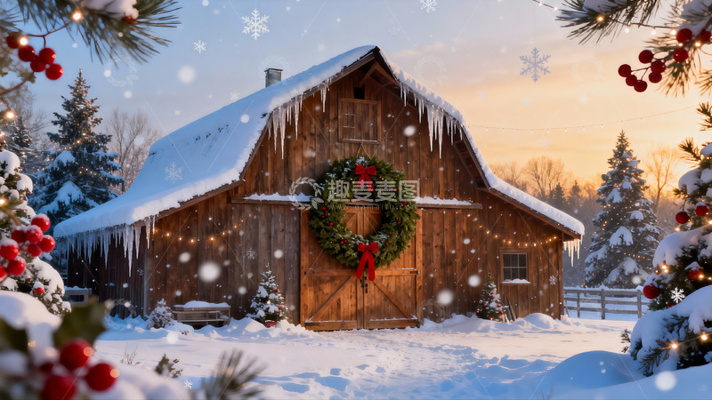 高清大图下载【趣麦麦图】雪景木屋圣诞装饰