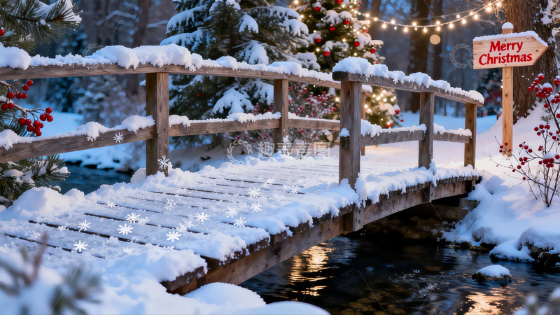 高清大图下载【趣麦麦图】雪景木桥节日装饰