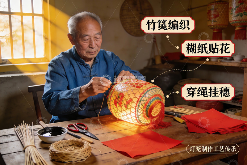 高清大图下载【趣麦麦图】老人制作传统灯笼的手工艺场景