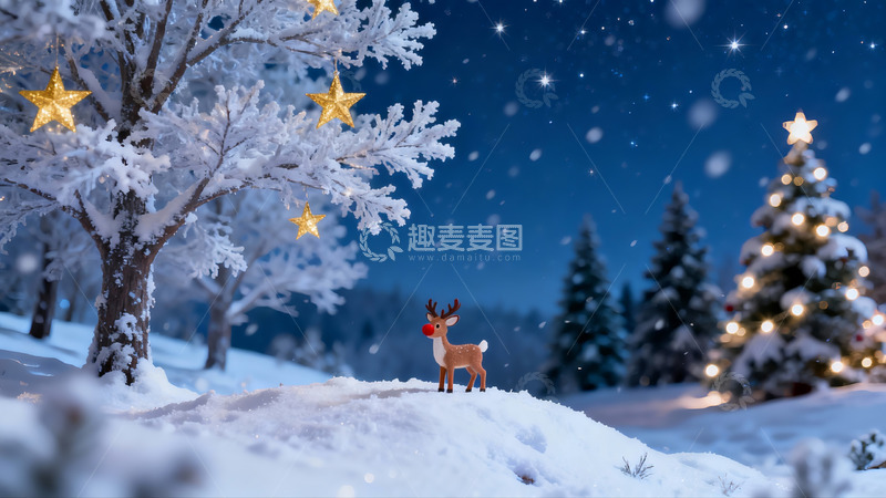 高清大图下载【趣麦麦图】雪夜圣诞树鹿玩偶静景